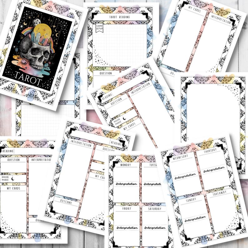 May include: A collection of tarot reading journal pages with decorative borders. One page features a skull with a colorful illustration and the word "TAROT." Other pages include sections for questions, interpretations, and card details, with a weekly layout.