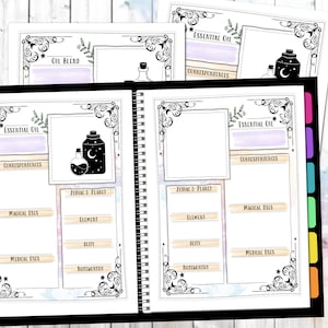 May include: A printable planner page with a black and white illustration of a bottle of essential oil. The page is divided into sections for essential oil blend, essential oil correspondences, zodiac and planet, element, deity, magical uses, medical uses, and noteworthy.