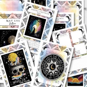 May include: A collection of printed cards with watercolor backgrounds and black and white decorative borders. The cards feature illustrations of the moon, a skull, and a wheel, with text including "Spring Equinox Ostara" and "Wheel of the Year".