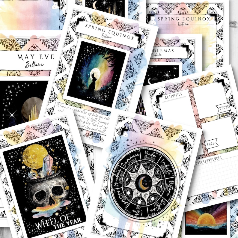 May include: A collection of printed cards with watercolor backgrounds and black and white decorative borders. The cards feature illustrations of the moon, a skull, and a wheel, with text including "Spring Equinox Ostara" and "Wheel of the Year".