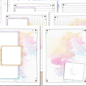Puede incluir: Un conjunto de p&aacute;ginas de planificador imprimibles con un fondo de acuarela y una cuadr&iacute;cula punteada. Las p&aacute;ginas presentan diferentes dise&ntilde;os, incluyendo una p&aacute;gina completa con un gr&aacute;fico de luna y estrellas, una p&aacute;gina con dos cuadros y una p&aacute;gina con tres cuadros.