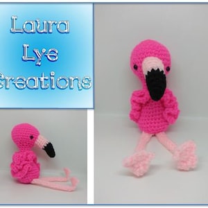 May include: A pink crocheted flamingo toy with black eyes and a black beak. The flamingo is sitting with its legs outstretched.