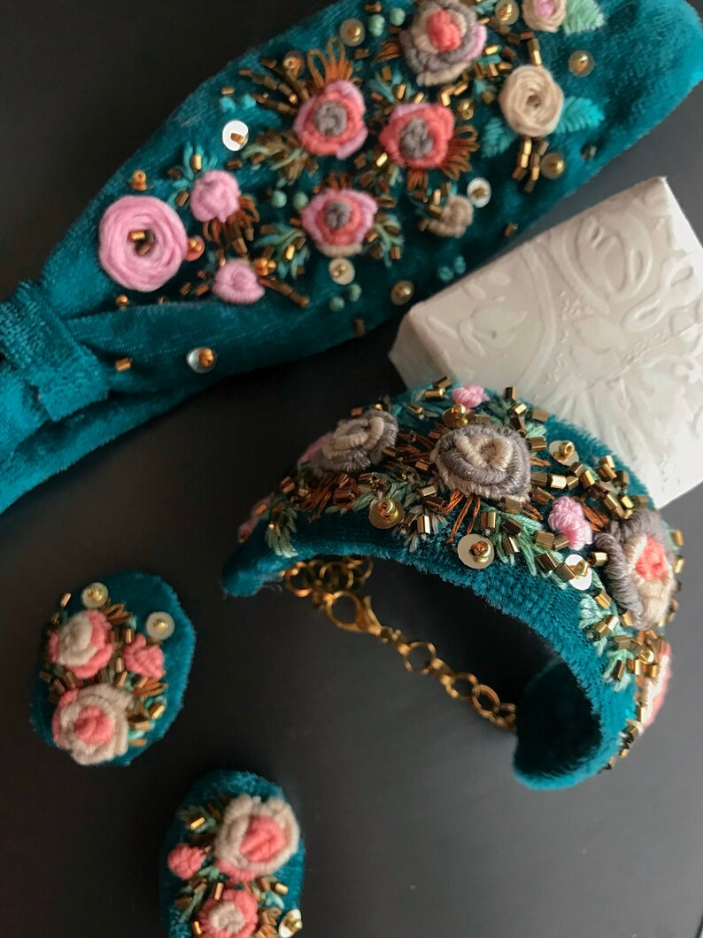 Green Velvet Headband Bracelet and Earrings Embroidered Hair Etsy