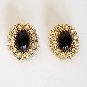 Donald Stannard Signature Earring Clips - Black Onyx Glass Cabochons & Crystal Rhinestones, Vintage &quot;Dynasty&quot; Era 1980s
