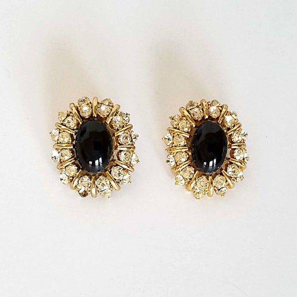 Donald Stannard Signature Crystal Rhinestone & Black Stone Ear Clips, Vintage 1980s