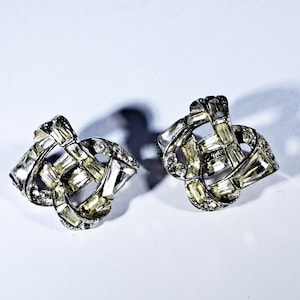 Faceted Cut Crystal Rhinestones and Silver Tone Earring Clips - Vintage 1955 Estate, Very Good Condition, 1&quot; Diamond Square Wrap Design