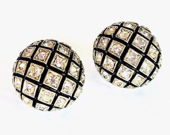 Clips para pendientes de esmalte negro y diamantes de imitación, rayas negras únicas con cristales tallados, estado nuevo, propiedad, 1985