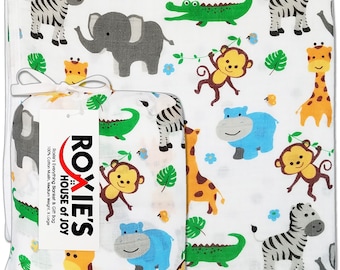 Muslin Baby Blanket & Gift Bag - SAFARI ANIMALS -  100% Cotton Muslin, 2 Layers - Brand New, Baby Shower Gift