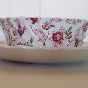 Spode Rosebud Chintz Flat Cream Soup Bowl & Saucer Set - Pink Vine Rosebuds - Rose China Soup Bowl Set - Marked - Vintage Estate