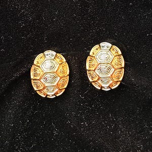 May include: A pair of gold and silver turtle-shaped earrings. The earrings are detailed with a textured shell pattern.