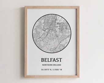 Affiche de carte de la ville de Belfast, impression d'art de voyage en Irlande