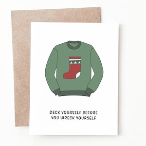 Carte de Noël drôle, carte de jeu de mots pour les fêtes avec pull de Noël moche