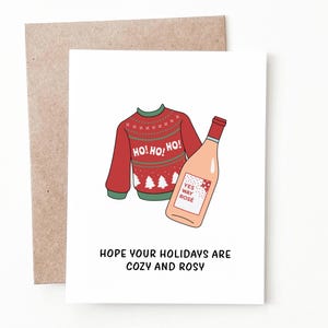 Grappige kersttrui en kerstkaart met rozenwijn, grappig handgemaakt kerstcadeau voor haar