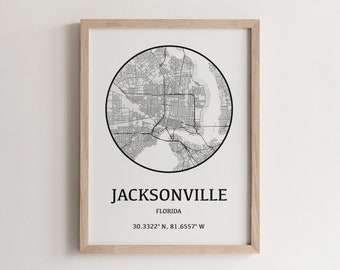 Jacksonville City Map Poster, Florida Travel Art Print