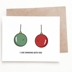 Tarjeta navideña divertida, tarjeta navideña con juego de palabras y adornos navideños