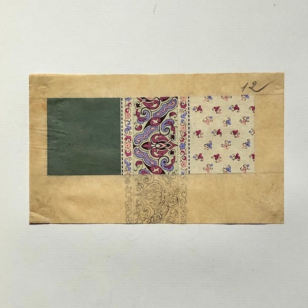 An Original Antique French Textile Design.  Pink, Lilac and Green. Hand Painted. Produced in Lyon in the early 1900’s.  Size: 8 x 14 cms.