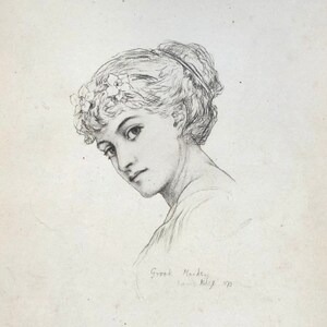 5 Tarjetas de Gabinete. Copias de dibujos a lápiz de mujeres de Francis Miles. En Cartera Roja Del Paño. Fechado en 1872. Medidas: 16,5 x 10,5 cms.