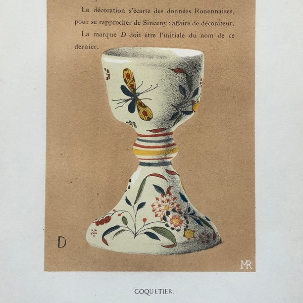 Faïence Rouen Pottery. An Original Lithograph From La Faïence Populaire au XVIII Siecle by Mareschal. Dated 1872. Size: 26.7 x 17.2 cms.