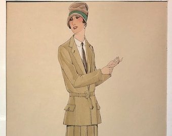 An Original Fashion Sketch, or Croquis,  from Parisian Atelier Bachwitz. A Hand Coloured  Lithograph print. 1930’s. Size: 30.5 x 18.8 cms.