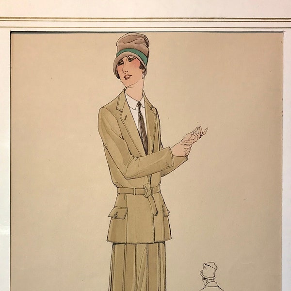 An Original Fashion Sketch, or Croquis,  from Parisian Atelier Bachwitz. A Hand Coloured  Lithograph print. 1930’s. Size: 30.5 x 18.8 cms.