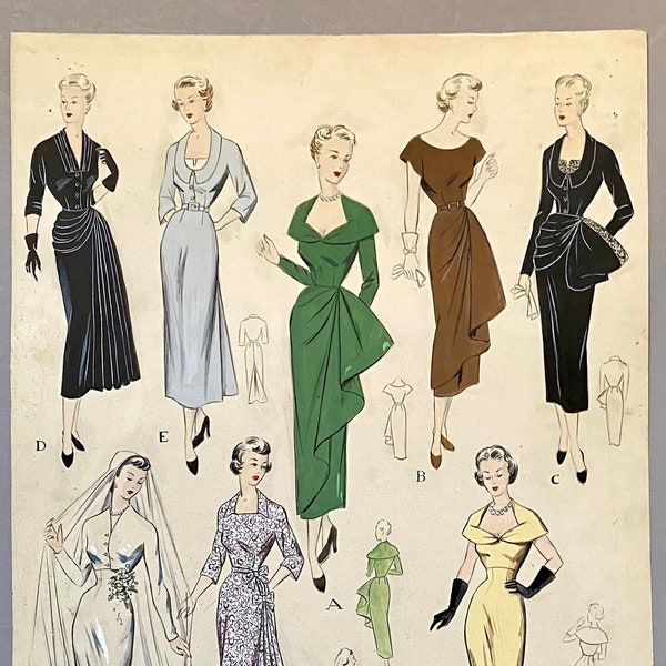A Large Hand Drawn and Hand Painted Fashion Illustration. From Barcelona, Spain. 1949 - 1950.  Size: 51 x 38 cms.