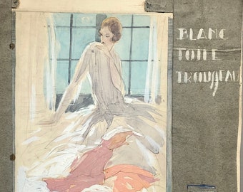 Original anuncio de ropa de cama. Dibujado y pintado a mano. Francés. Década de 1920. Excelente estado.