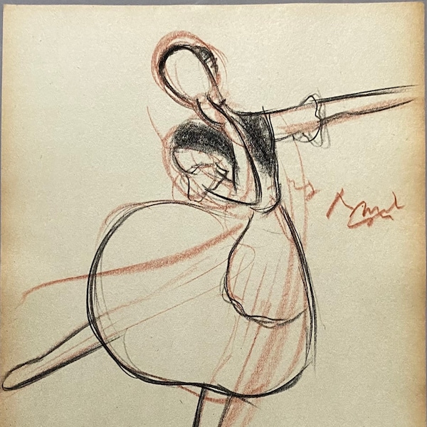 An Original Drawing of Dancer Josette Amiel in La Chanson Du Mail Aimé. By Jean Target. 1940s. Charcoal and Crayon on Paper. 24 x 30 cms.