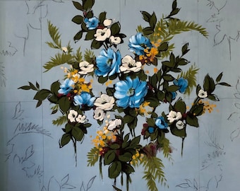 May include: A blue and white floral painting on a light blue background. The painting is framed and has a grid pattern drawn on it.