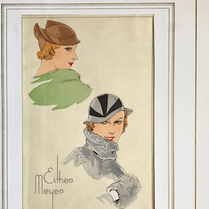 May include: A vintage illustration of two women wearing hats. The woman on the left is wearing a brown hat and a green scarf. The woman on the right is wearing a black and white hat and a gray coat. The illustration is signed "Esther Meyer".