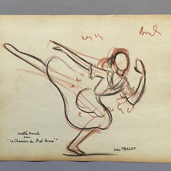 An Original Drawing of Ballet Dancer Josette Amiel in “La Chanson du Mal Aimé” by Jean Target. 1940s. Crayon on Paper. 24.5 x 32.5 cms.