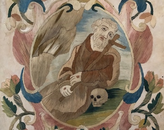 A  Fine Silk Double Sided Embroidery of a Saint, Possibly St. Francis, With Skull and Stigmata. French 17th Century. 20 x 16 cms.