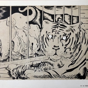 La Grand Cage. Litografia z Parorama Du Cirque autorstwa Serge'a. Jedna z zaledwie 1000 wyprodukowanych w 1944 r. Rozmiar: 23,8 x 29,7 cm.