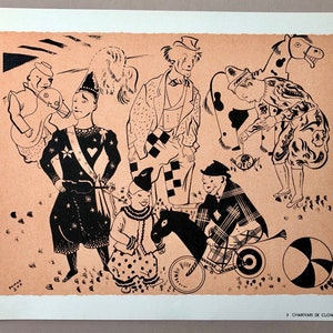 Charivari De Clowns. Litografia z Parorama Du Cirque autorstwa Serge'a. Jedna z zaledwie 1000 wyprodukowanych w 1944 r. Rozmiar: 23,8 x 29,7 cm.