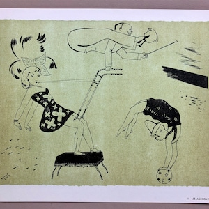 Les Acrobats. Kolorowa litografia z Le Parorama Du Cirque autorstwa Serge'a. Jedna z zaledwie 1000 wyprodukowanych w 1944 r. Rozmiar: 23,8 x 29,7 cm.