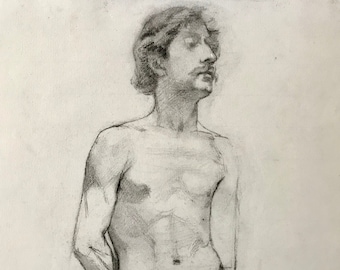 A Original Charcoal Life Drawing of a Man. A French Art School Piece. Early 1900’s. Large: 63 x 48 cms.