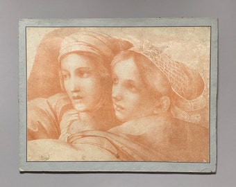 A Original Antigue Hand Drawn Sanguine Drawing. Two Young Women . French. Late 18th Century.  Size:  38.5 x 52  cms.