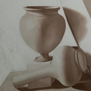 May include: A still life drawing of two ceramic vases, one with a round body and a flared lip, and the other with a long, thin neck and a round body. The vases are drawn in shades of brown and are resting on a table.
