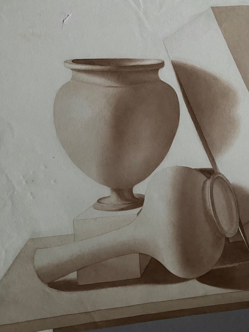 May include: A still life drawing of two ceramic vases, one with a round body and a flared lip, and the other with a long, thin neck and a round body. The vases are drawn in shades of brown and are resting on a table.