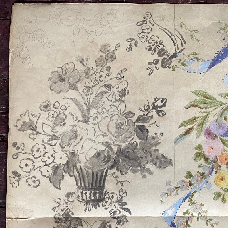 May include: A vintage wallpaper design featuring a gray and white floral pattern. The design includes a bouquet of flowers in a vase, with a smaller floral motif in the background.