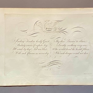 May include: A vintage calligraphy piece with a decorative flourish at the top. The text reads: "Smaking Freedom lovely Guest Thy dear Presence to obtain Balmy source of softest Joy Sweetly soothing every care Mortals by thy but are blest. Who would dread the hostile Mann With such Charms as never cloy Who each danger would not dare."