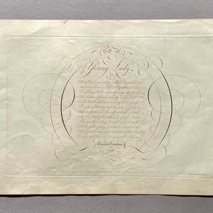 May include: A black and white image of a handwritten poem titled "A Young Lady." The poem is surrounded by decorative flourishes and the author's name, "Thomas  Cunningham," is signed at the bottom.