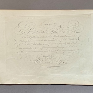 May include: A black and white image of a handwritten quote by the Athenian, "Had in a public speech directed himself to the several ranks and orders of his Countrymen, he then addressed himself to his Female Audience thus - I shall address you in few words, aspire only to those I esteem that are peculiar to your sex, follow your natural modesty and think it your greatest commendation not to be talked of one way or another." The quote is signed "Thomas Franklin, Sc. 1772."