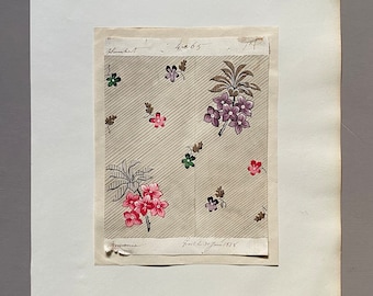 Ein echtes handgemaltes französisches Textildesign aus dem 19. Datiert 1938. Auf Antik-Papier kaschiert.  Größe: 12x16cm