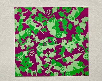May include: A pink and green patterned fabric with a repeating design of wheelbarrows and flowers.