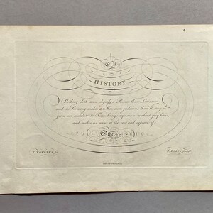 May include: A black and white image of a calligraphic inscription that reads "HISTORY" with a quote below it: "Nothing doth more deeply a Person than Learning, and no Learning makes a Man more precious than History, it gives an antidote to Time, brings superiors without gray hairs, and makes us wise at the cost and expense of others."