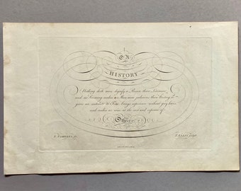 May include: A black and white image of a calligraphic inscription that reads "HISTORY" with a quote below it: "Nothing doth more deeply a Person than Learning, and no Learning makes a Man more precious than History, it gives an antidote to Time, brings superiors without gray hairs, and makes us wise at the cost and expense of others."