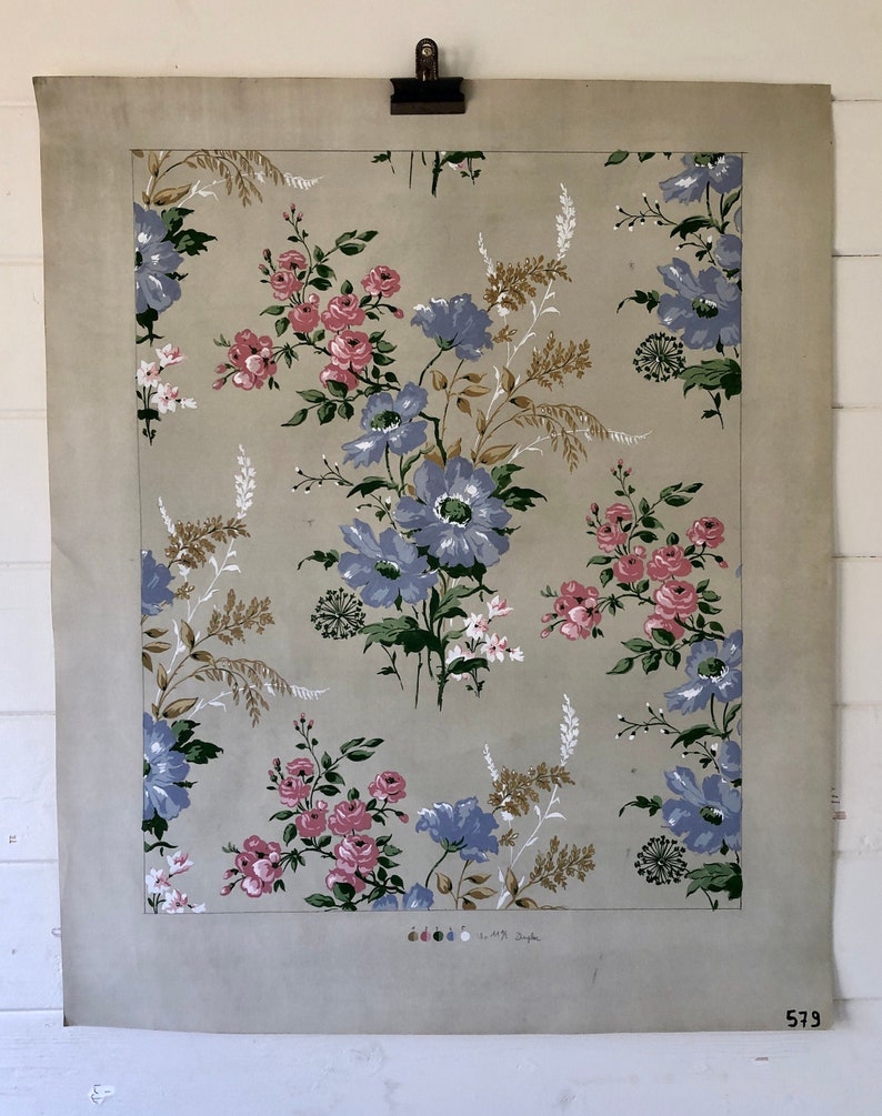 An Original Textile Design for Upholstery. Very Large. Hand painted. From The Atelier Artilia, Paris. 1960’s. Size: 85 x 70 cms image 1