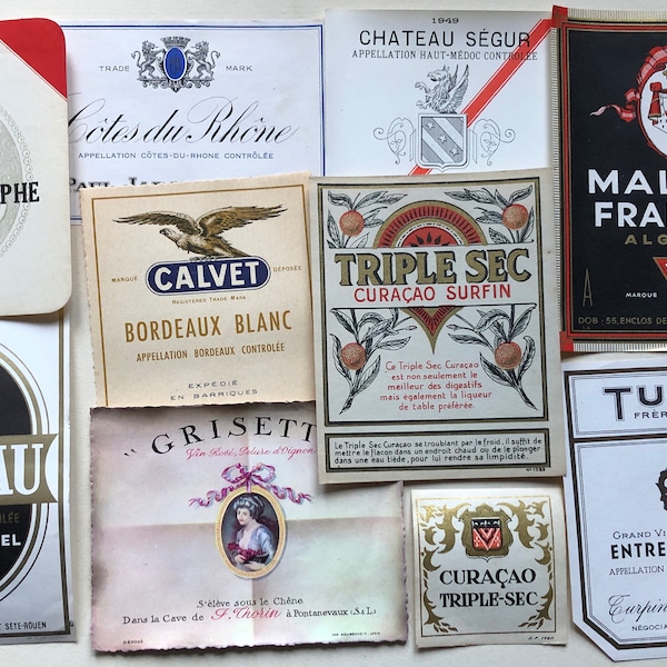 Dix étiquettes authentiques de vin et de liqueur datant des années 1950. Français Origine.