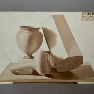 May include: A still life drawing of three objects: a vase, a bottle, and a rectangular prism. The objects are rendered in shades of brown and white on a white background. The drawing is labeled with the number "2831" and the word "Walther".