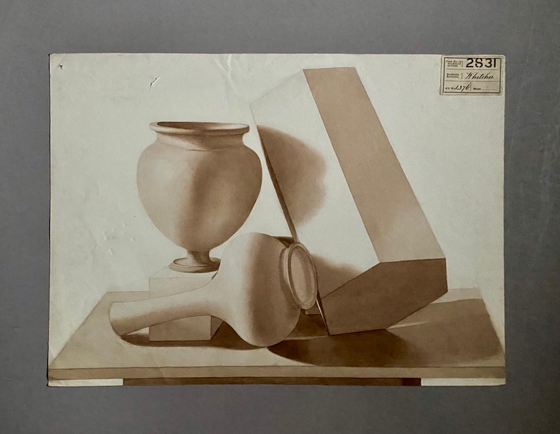 May include: A still life drawing of three objects: a vase, a bottle, and a rectangular prism. The objects are rendered in shades of brown and white on a white background. The drawing is labeled with the number "2831" and the word "Walther".